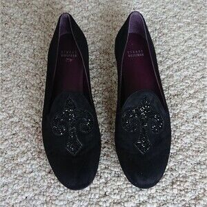 Stuart Weitzman sparkling Fleur De Lis Black Loafers size 8.5 Narrow